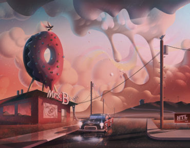 cheese_the_dog_by _Aaron_Campbell. Car in front of deli with giant donut on the roff against dramatic sky backdrop with thunderstorm and clouds.