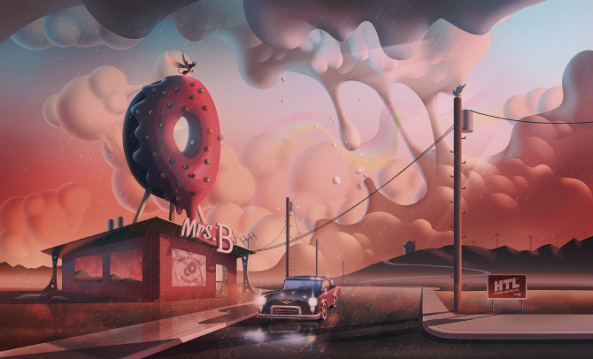 cheese_the_dog_by _Aaron_Campbell. Car in front of deli with giant donut on the roff against dramatic sky backdrop with thunderstorm and clouds.